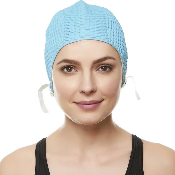 Beemo Swim Cap Women Chin Strap Bubble Crepe Latex Long Short Hair - Light Blue - Picture 3 of 8